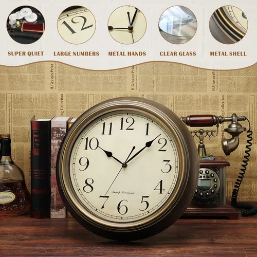 Miniatura 3 de Plumeet Reloj de Pared de Metal Pequeño, 10'' Sin Tictac Clásico Silencioso Relojes de Pared de Hierro Decorativos para Cocina, Sala de Estar, Marrón