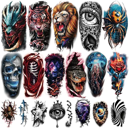 77 hojas de tatuajes temporales realistas en 3D para adultos y niños, calavera de araña, tigre, león, dragón, serpiente, tatuajes temporales para