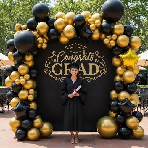 Miniatura 3 de RUBFAC Globos negros y dorados, decoraciones de graduación 2026, 130 piezas de globos de confeti de metal negro dorado y metálico, kit de arco