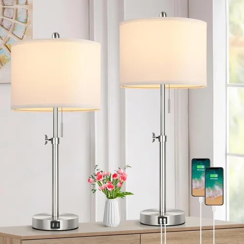 Miniatura 10 de Kondras Table Lamps for Bedroom Set of 2, 23''-30'' Adjustable Height Bedside Lamps with 2 USB Ports, Black Nightstand Lamps with Grey Linen Shade