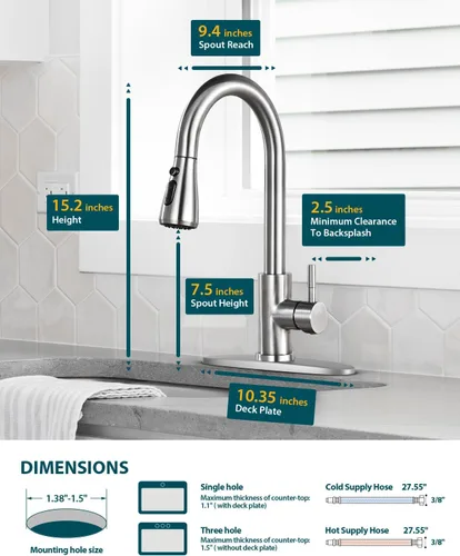 Miniatura 5 de Hiqufet Grifo de fregadero de cocina con rociador desplegable con placa de cubierta, grifo de arco alto de níquel cepillado, grifos modernos