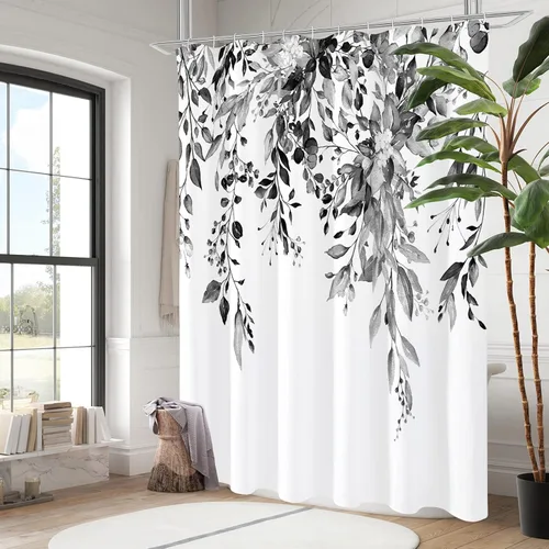 Miniatura 2 de Gibelle - Cortina de ducha extra larga de 72 x 84 pulgadas, cortina de ducha floral en blanco y negro, juego de cortina de ducha de tela de hojas