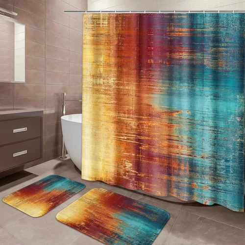 Juego de baño ArtSocket azul y naranja vintage con cortina de ducha y alfombras de baño y accesorios, juego de cortinas de ducha antideslizantes de