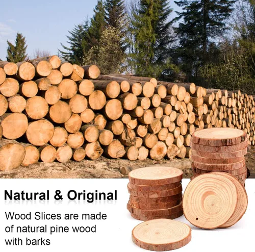 Miniatura 3 de Philorn Rebanadas de madera, 50 unidades de discos de madera de 2.4 a 2.8 pulgadas para manualidades, rebanadas de madera natural preperforadas sin
