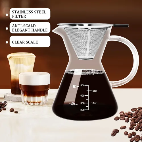 Miniatura 5 de Cafetera de vidrio para verter sobre vidrio de 17 onzas y filtro inoxidable Double Stainless,Thickened Heat-Resistant Borosilicate Glass,Plastic