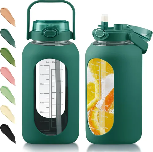 Miniatura 9 de Botella de agua de vidrio de 74 onzas con tapa de popote 2 en 1, botella de agua de galón grande con marcador de tiempo y funda de silicona