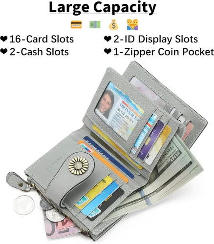 Miniatura 146 de SENDEFN - Billetera pequeña de piel auténtica para mujer, diseño plegable con ventana para tarjeta de identificación