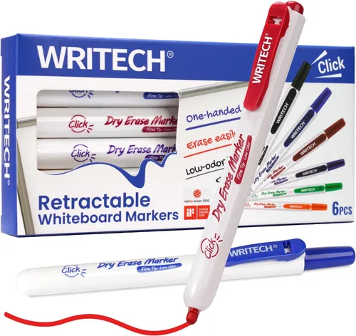 WRITECH Marcadores retráctiles de borrado en seco: marcador de tinta de color de punta fina que se puede hacer clic con poco olor, borrable, punta