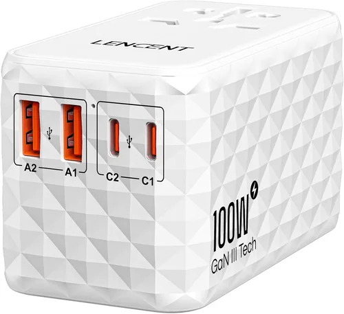 Miniatura 11 de LENCENT Adaptador de viaje internacional de 65 W, adaptador de viaje universal con 2 salidas USB-A y 3 PD tipo C, carga rápida para teléfono, Blanco