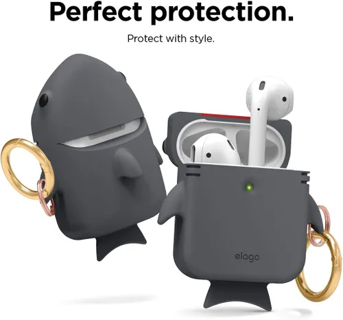 Miniatura 4 de elago Shark - Funda compatible con AirPods de Apple, diseño 3D con llavero para Apple AirPods 2, 1 (gris oscuro)