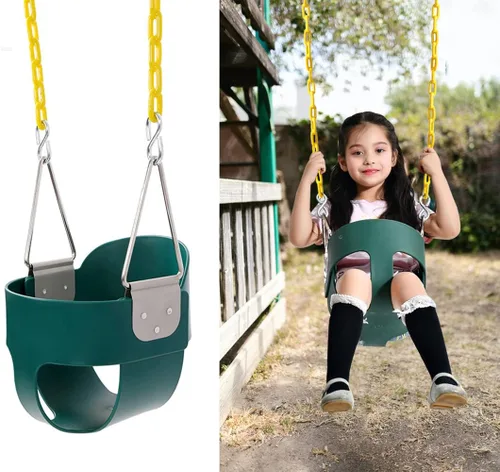 Miniatura 6 de Asiento de columpio con respaldo alto para niños pequeños con cadenas revestidas de plástico resistente de 66 pulgadas, totalmente montado para Verde