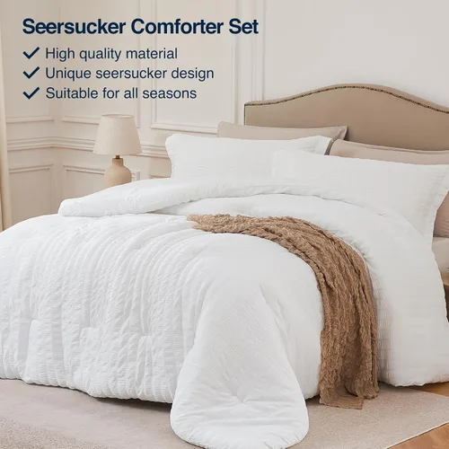 Miniatura 2 de Quataly - Juego de edredón Seersucker tamaño Twin/Twin XL en color blanco; juego de cama de 2 piezas que incluye 1 edredón suave y esponjoso y 1