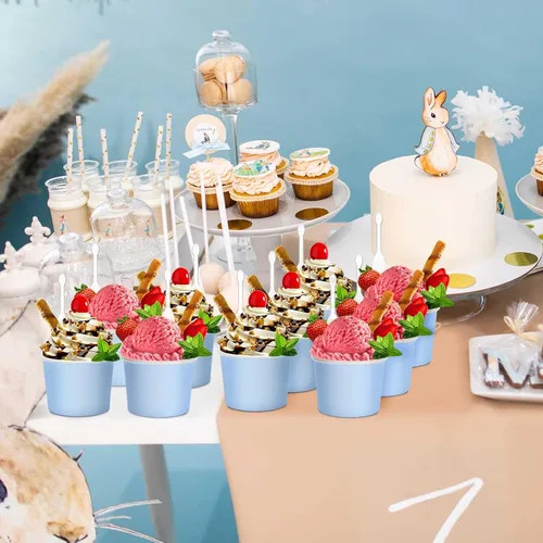 Miniatura 6 de Cunhill 100 tazas de helado de 8 onzas con 100 cucharas, recipientes de helado de color sólido, tazas de helado desechables, tazones de yogur, Azul
