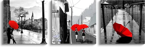 Miniatura 2 de NAN Wind 3 piezas de lienzo moderno Giclée impresiones en blanco y negro con paraguas rojos, lienzo romántico para parejas, pinturas de paisaje rojo