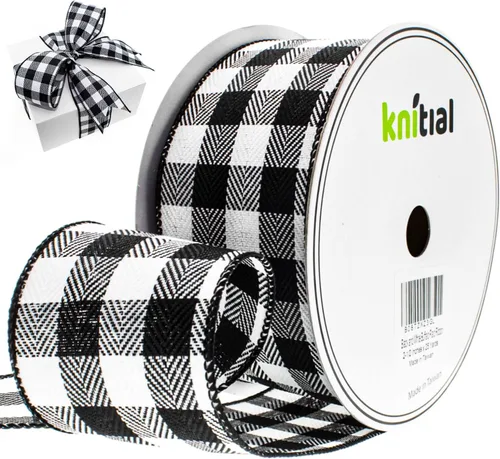 Cinta con alambre a cuadros de búfalo de 2-1/2 pulgadas x 25 yardas, cinta de cuadros de búfalo blanco y negro para envolver regalos, manualidades y