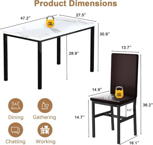 Miniatura 4 de Juego de 4 mesas de comedor para 4, juego de 4 mesas y sillas de cocina de mármol sintético, juego de mesa de comedor moderno con 4 sillas de cuero