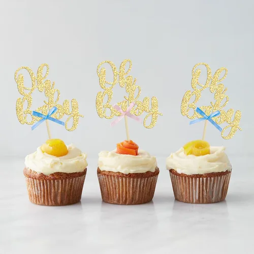 Miniatura 8 de Gyufise 36 piezas Adornos para cupcakes Oh Baby con moño azul y rosa, brillante dorado, adornos para cupcakes de baby shower, adornos para cupcakes