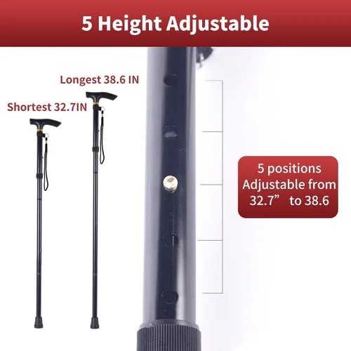 Miniatura 5 de Bastón plegable para hombres, mujeres y ancianos, altura ajustable de 5 niveles, bastón de viaje, bastón plegable y ligero, antideslizante, portátil