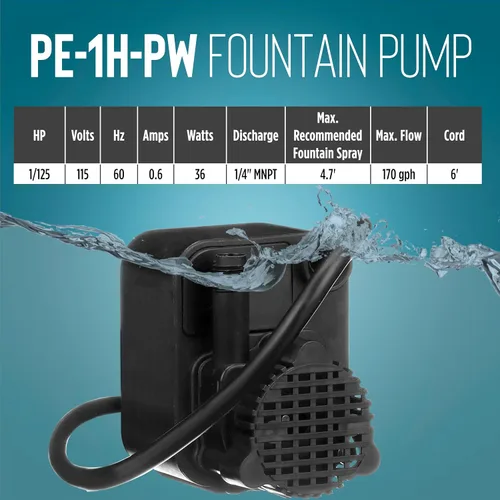 Miniatura 8 de Little Giant PE-1H-PW Bomba sumergible pequeña encapsulada con epoxi de 115 voltios, 1/125 HP, 186 GPH para fuentes y aplicaciones de aguas poco