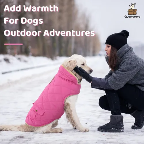 Miniatura 6 de Queenmore Abrigo de invierno para perro, chaqueta de vellón, ropa impermeable para perros para clima frío, acolchado de algodón grueso y cálido, Rosa
