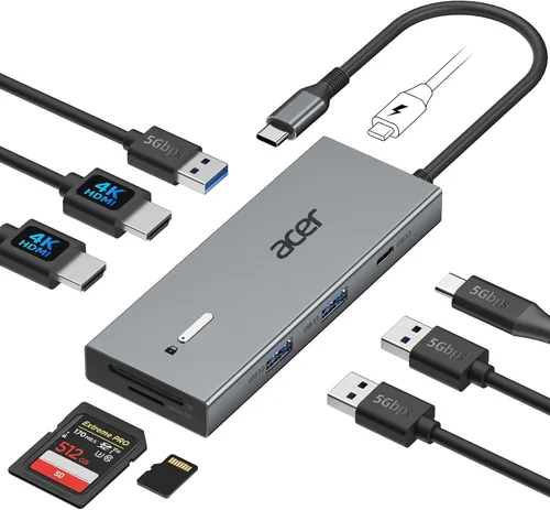 Acer Estación de acoplamiento USB C con monitor dual con 2 HDMI, estación de acoplamiento para laptop 9 en 1 con HDMI 4K@60Hz, USB A y C 3.0,