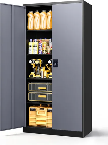 Miniatura 25 de Armario de almacenamiento de metal, archivador alto con 2 estantes ajustables y cajón, gabinete de herramientas de acero con cerradura para oficina