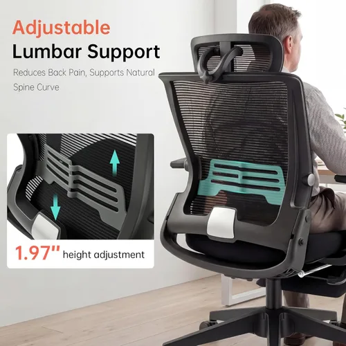 Miniatura 8 de Silla de oficina plegable con reposapiés, silla de oficina ergonómica con soporte lumbar ajustable, reposacabezas, reposabrazos, sillas de Negro