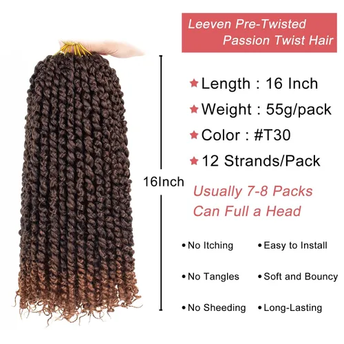 Miniatura 2 de Leeven Cabello de Ganchillo para Mujeres 16 Pulgadas Cabello de Passion Twist Pre-Retorcido 8 Paquetes Ombre Marrón Pre-Enrollado Bomb Crochet #T30