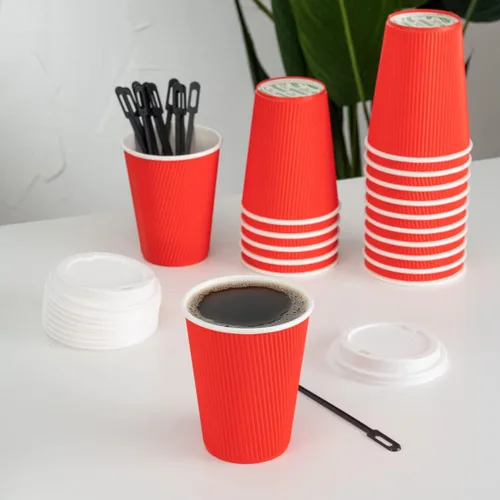 Miniatura 7 de Restaurantware 12 onzas Tazas de papel desechables con pared ondulada para café, 500 vasos de papel aislados color rojo medianoche con diseño