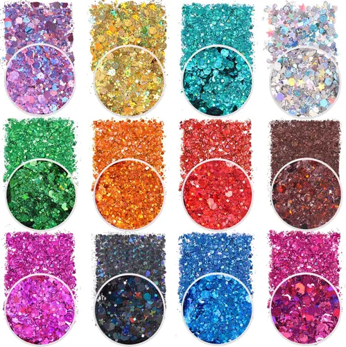 Estanoite - Purpurina gruesa holográfica con lentejuelas, 12 colores mezclados, cosméticos para cara, cuerpo, ojos, cabello, uñas, arte, brillo de