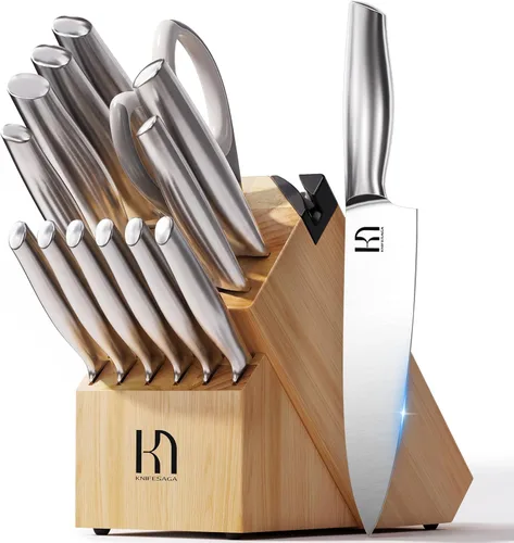 KnifeSaga Juego de cuchillos de alta calidad para cocina, 14 piezas, acero inoxidable japonés de alto carbono UltraSharp con bloque y afilador