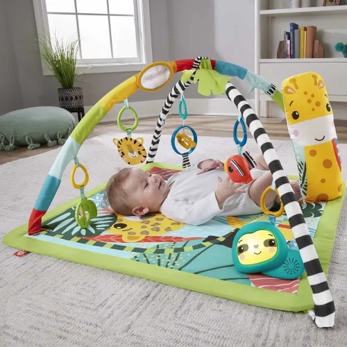 Miniatura 2 de Fisher-Price Alfombra de juego para bebé, 3 en 1, diseño de selva tropical, gimnasio sensorial con música y luces, cuña de abdomen y 5 juguetes