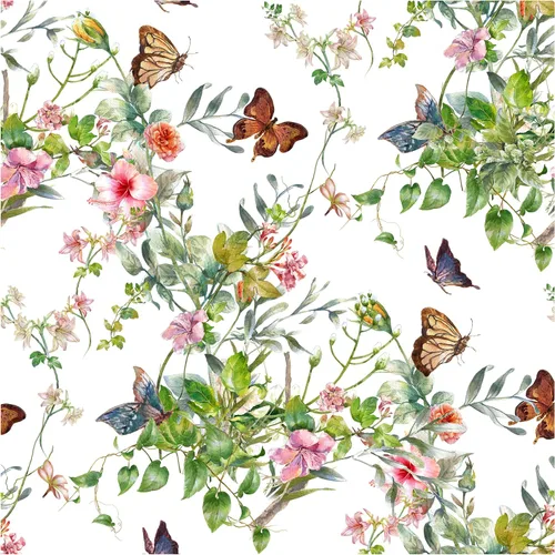 Blooming Wall DPYA24 - Papel tapiz removible con diseño de arbustos de flores silvestres de primavera con mariposa alrededor de despegar y pegar,