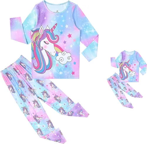 Miniatura 8 de QPANCY Conjunto de pijamas a juego para niñas y muñecas, pijamas de manga larga para otoño e invierno