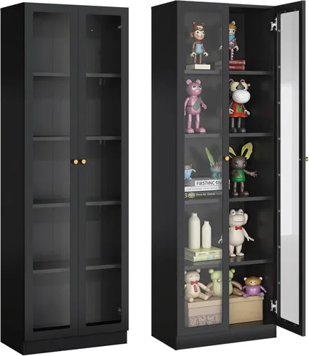 IRONMIX - Vitrina de exhibición moderna con puertas, gabinete curio de metal con estantes, vitrinas de 180 cm de alto para coleccionables,