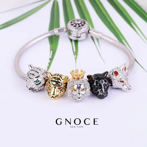 Miniatura 4 de GNOCE Dijes de lobo de tigre para pulsera de plata de ley 925 con cuentas de cabeza de animal y león para mujeres, hombres, niñas, niños, collar