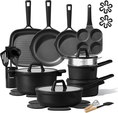 CAROTE Juego de 28 ollas y sartenes, antiadherentes, utensilios de cocina antiadherentes de inducción de titanio, juego de cocina de granito no