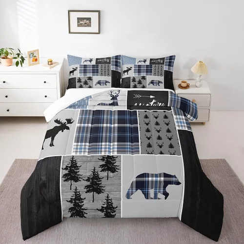 Miniatura 8 de Juego de edredón individual de aventura rústica para niños, juego de ropa de cama navideña de ciervos, osos y pinos para niños y adultos, decoración