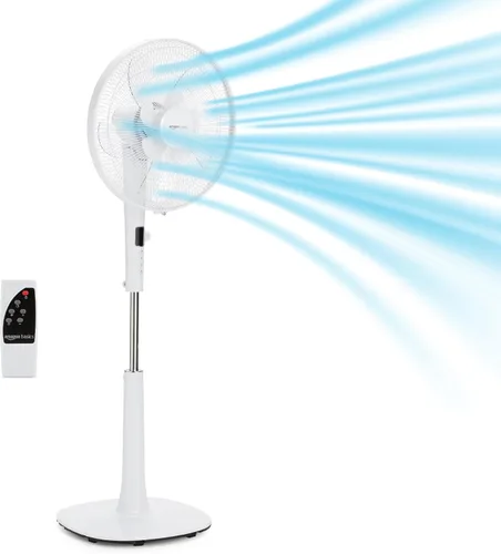 Amazon Basics - Ventilador de piso para hogar, con pie, doble aspa oscilante, 12 velocidades, control remoto, motor CC ultrasilencioso y de bajo