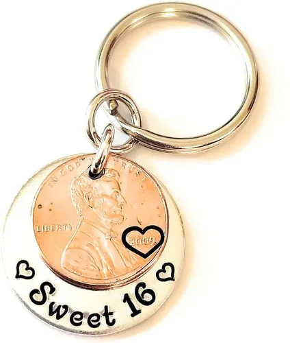 Miniatura 5 de Tucker's Trinkets And Treasures Llavero con texto en inglés «Sweet 16», «Happy 16th Birthday», «Sweet 16», «Lucky Copper 2009» (Año del nacimiento)