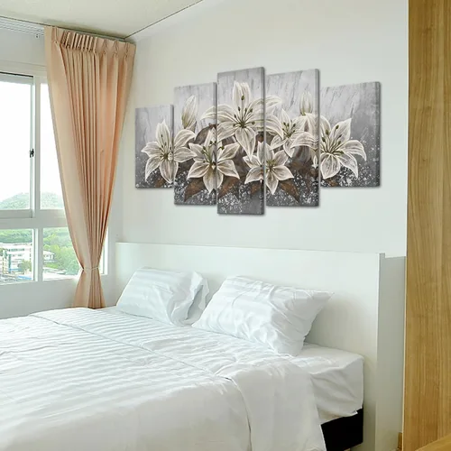 Miniatura 7 de SkenoArt 5 paneles de flores de lirio, arte de pared de lirio gris, marrón, blanco, decoración de pared, arte de pared de lirio floreciente