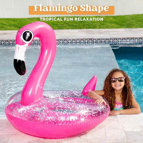 Miniatura 8 de JOYIN Flotadores inflables de flamenco para piscina, tubo de natación con purpurina para adultos y niños, divertida balsa flotante para playa, lago