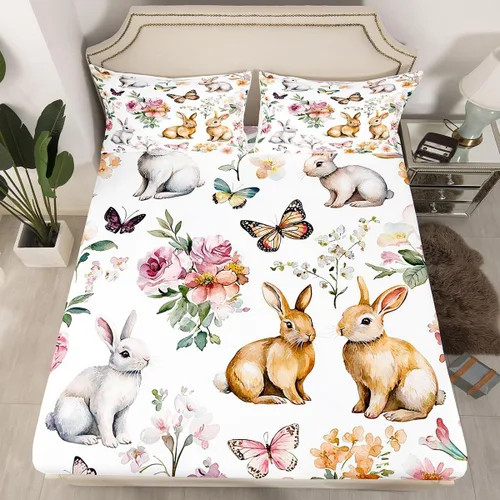 Miniatura 2 de Erosebridal Juego de sábanas de conejo de Pascua, tamaño individual, juego de sábanas de flores de primavera para niñas, mujeres, niños