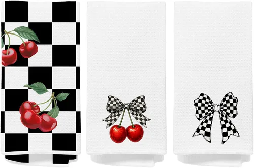 Miniatura 23 de Toallas de mano de cereza para cocina y baño – Toallas de té decorativas retro a cuadros en blanco y negro, accesorios de decoración de cocina