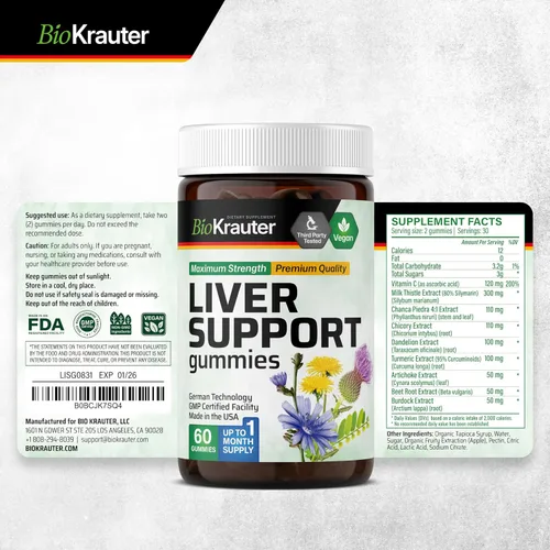 Miniatura 9 de BIO KRAUTER® Desintoxicación hepática 9 en 1 con vitamina C, cardo mariano, cúrcuma, raíz de diente de león, raíz de remolacha, piedra chanca