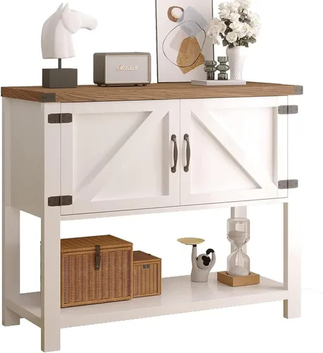 4ever2buy Gabinete de barra de café de granja, mesa de café blanca con almacenamiento, aparador de buffet con 2 puertas, armario decorativo con