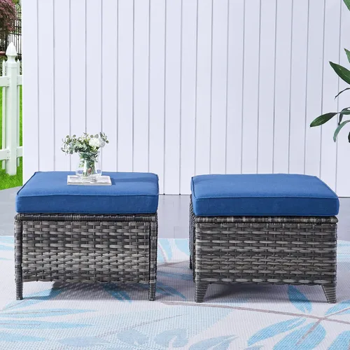 Miniatura 2 de Reposapiés otomanos para exteriores, 2 piezas, reposapiés otomano de mimbre de ratán con cómodos cojines para patio, porche, terraza, balcón, jardín