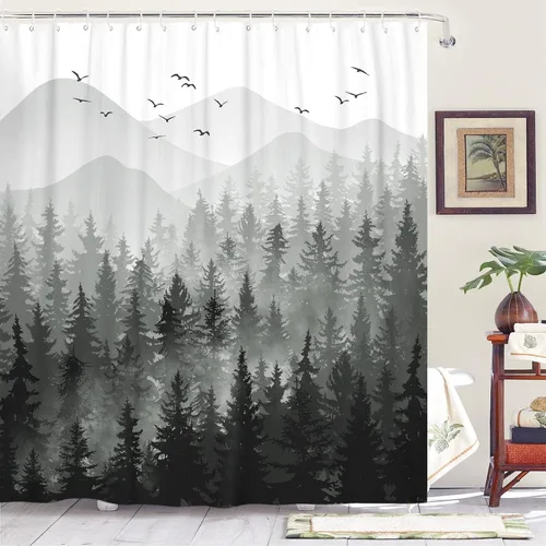 Accnicc Cortina de Ducha de Bosque Brumoso en Blanco y Negro Ombre Montaña Gris Oscuro Árbol de Pino Tela Impermeable Cortinas de Ducha para Baño