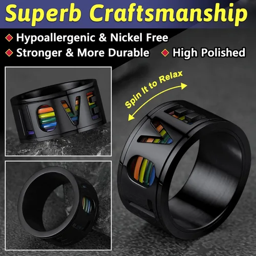 Miniatura 12 de FaithHeart Anillos para ansiedad LGBT Pride Rainbow, acero inoxidable/chapado en oro de 18 quilates, joyería de amor es amor para hombres y mujeres