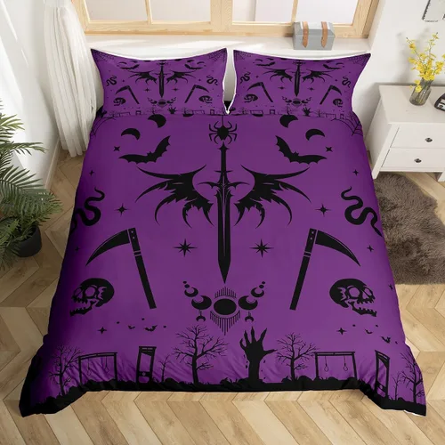 Miniatura 22 de Lindo juego de funda de edredón de fantasma, tamaño individual para niños y niñas, juego de ropa de cama de calabaza y calavera de azúcar, funda